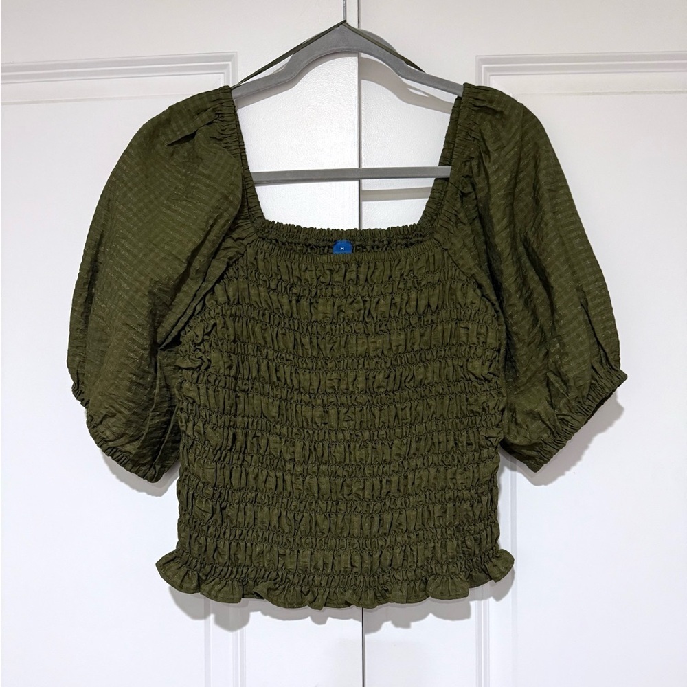 Old Navy Olive Green Smocked Square-Neck Puff Sleeve Crop Top NWOT